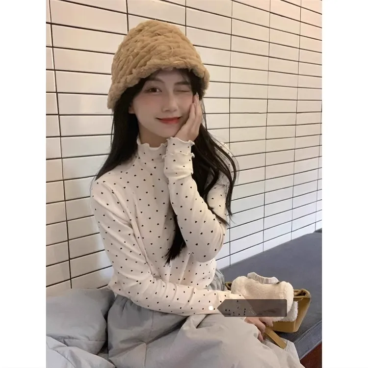 春秋季新款木耳边半高领波点t恤女长袖洋气修身内搭打底小衫上衣