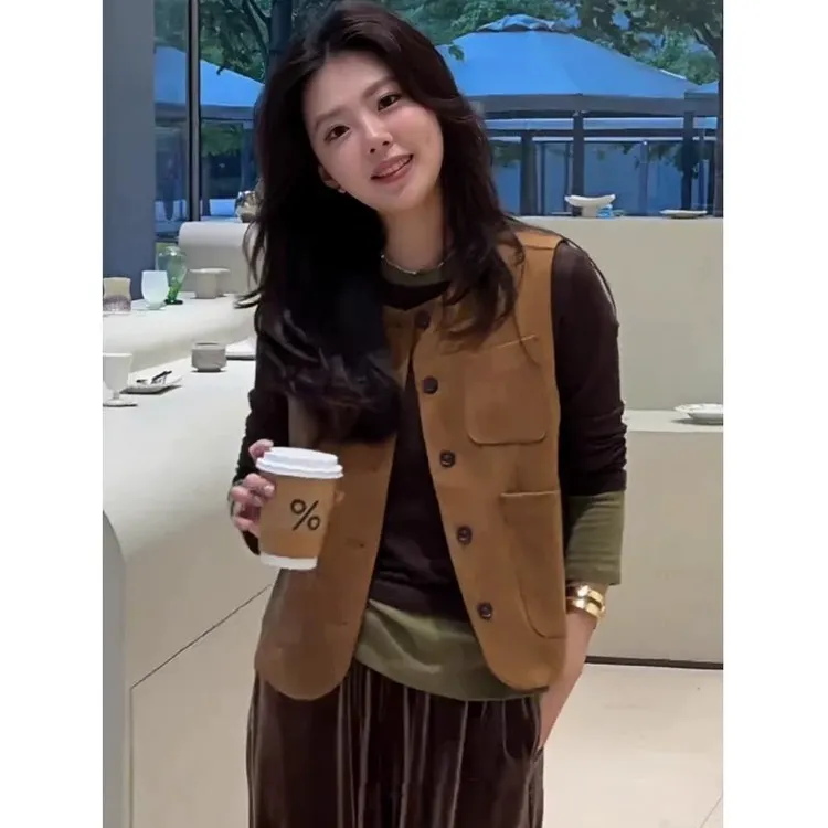 宽松显瘦遮肉西装马甲开衫外套女士早春秋小香风法式叠穿背心上衣