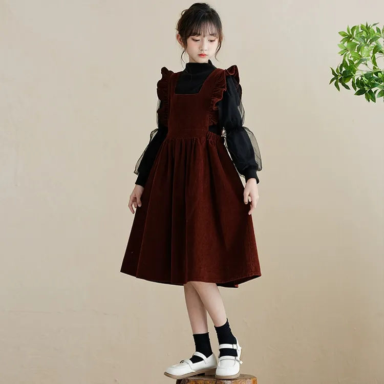 女童套装秋冬装2024新款时髦洋气大儿童女孩红色背带裙子两件套韩