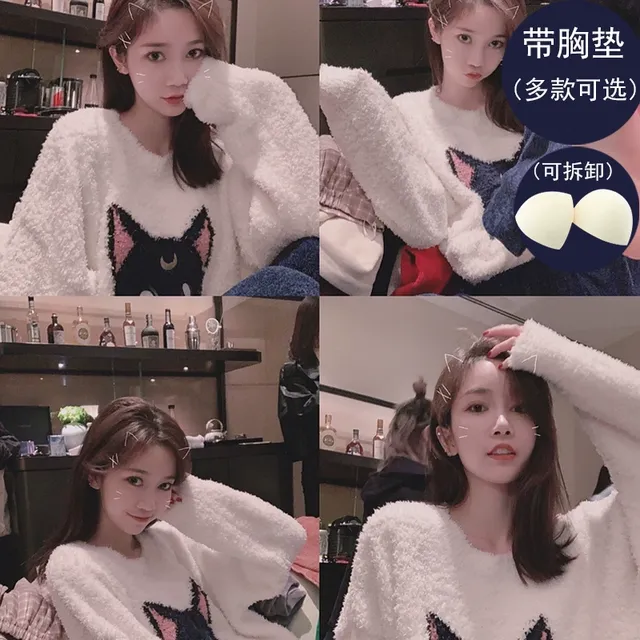 带胸垫软绵绵睡衣女冬加绒加厚珊瑚绒甜美可爱卡通美少女家居服秋