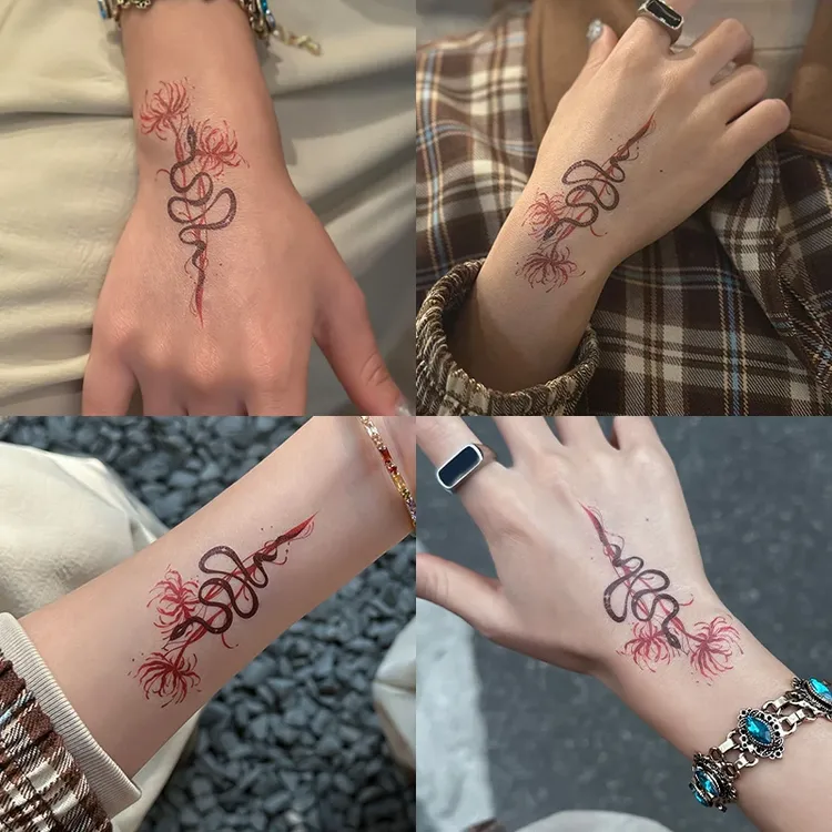 蛇彼岸花手上纹身贴图案简单可洗贴纸
