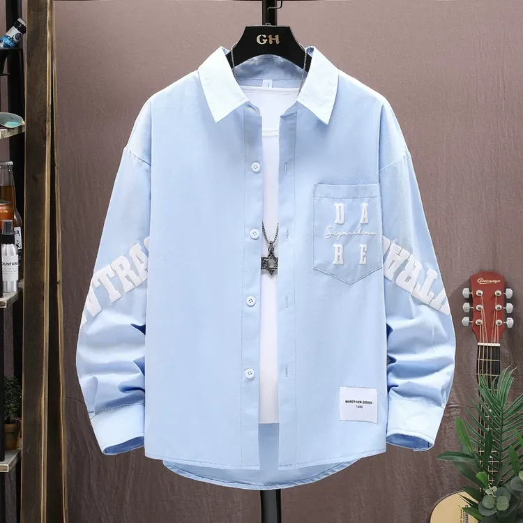 纯棉长袖衬衫男春秋季初中高中学生浅蓝色衬衣青少年潮牌宽松外套