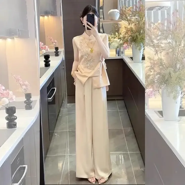 新中式国风套装女大码胖mm改良旗袍无袖上衣阔腿裤高级好看两件套