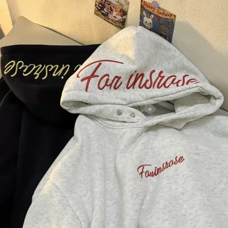 美式复古刺绣字母连帽卫衣男女秋冬宽松慵懒风百搭高街情侣外套潮