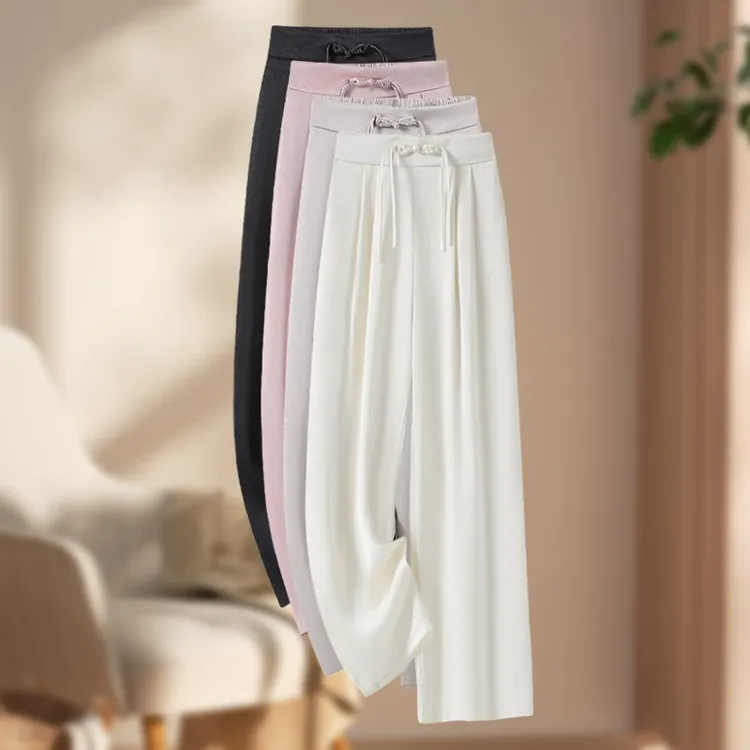 冰丝醋酸新中式窄版阔腿裤女2025夏季薄款松紧高腰休闲国风直筒裤