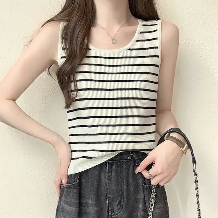 大码宽松吊带女内搭条纹遮肚显瘦针织打底衫针织背心显瘦遮肚子