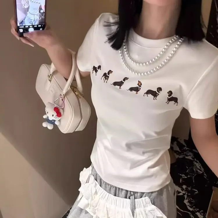 狗狗印花正肩短袖T恤女装夏季新款圆领百搭修身显瘦短款白色上衣 