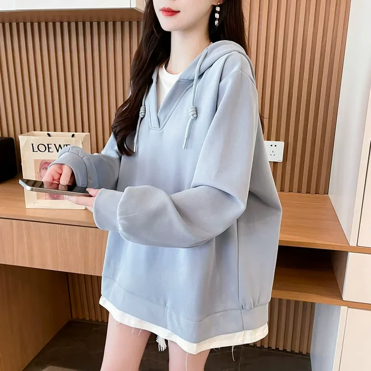 卫衣女2025新款春秋季韩版宽松大码中长款百搭纯色薄款假两件外套