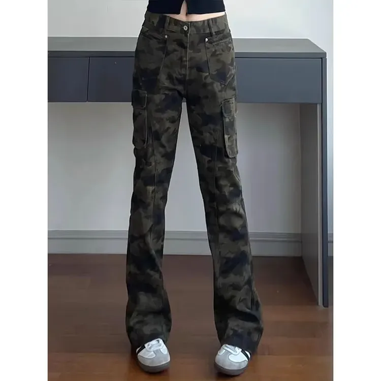 美式潮牌痞帅男款迷彩牛仔裤复古高街直筒裤子户外运动显高微喇裤