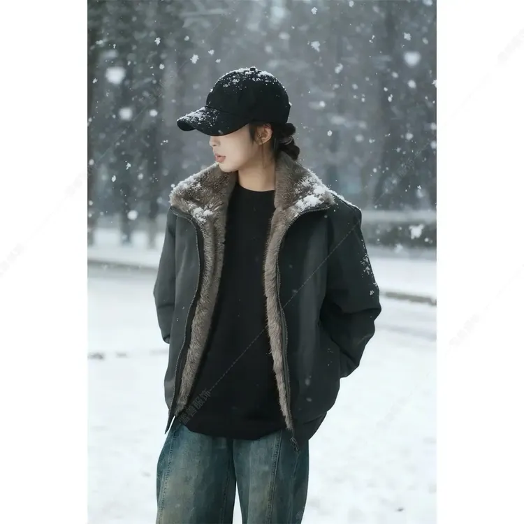 【两面穿座山雕】双色银蓝狐重磅水洗帆布保暖加厚加绒外套