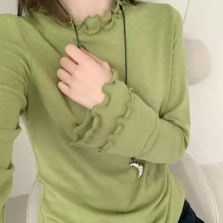 大码女装设计款秋冬气质甜美双木耳边长袖立领T恤加厚徳绒打底衫
