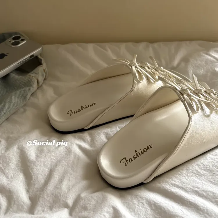 复古小众一字勃肯拖鞋女外穿新款超火蝴蝶结夏配裙子休闲凉拖凉鞋