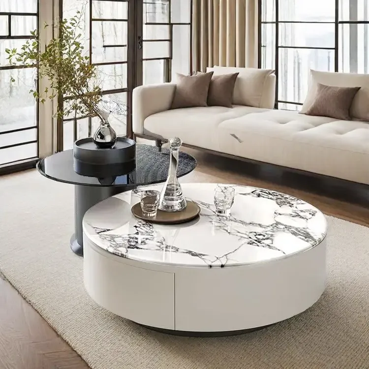 意式轻奢微晶石茶几小户型客厅家用简约高级圆形高档茶桌新款组合