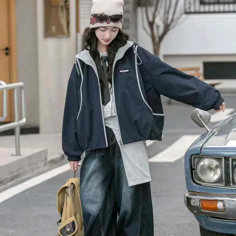 百搭拉链衫格子普通外套加绒外套加绒加厚款双面女