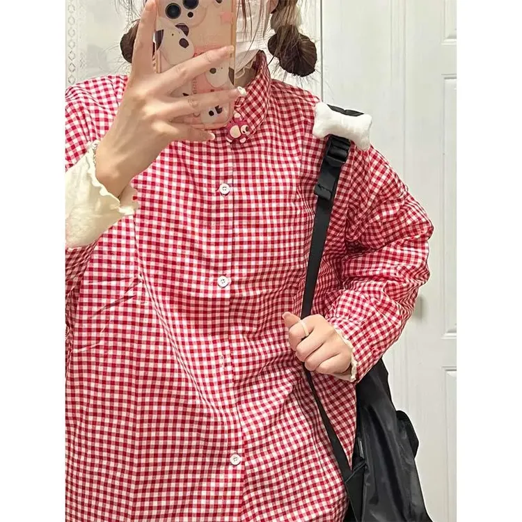 日系可爱粉色格子衬衫女秋季新款学院风百搭宽松学生衬衣外套ins