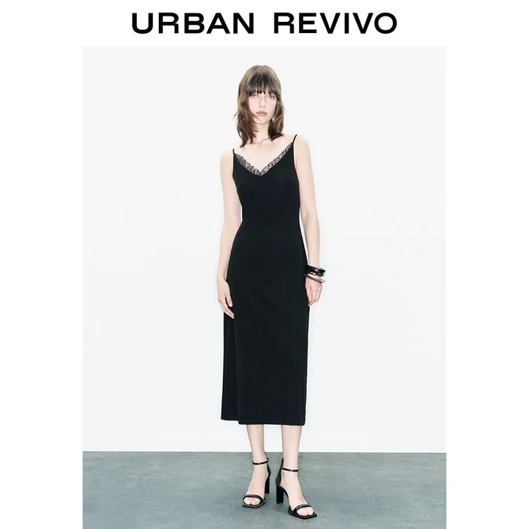 UR2025春季新款女装欧若风魅力拼接蕾丝交叉吊带连衣裙UWG750050