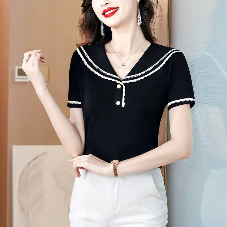 妈妈蕾丝边短袖t恤女夏季2025新款气质休闲修身显瘦减龄短款上衣