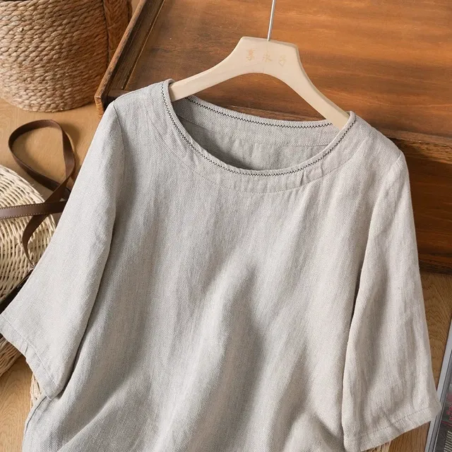 文艺纯色短袖T恤女夏季圆领刺绣休闲简约套头衫亚麻透气上衣