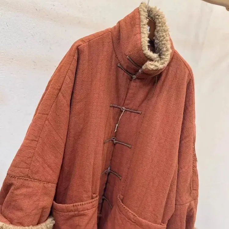 忆古扑拙冬季复古盘扣立领色织柞丝亚麻宽松保暖棉服