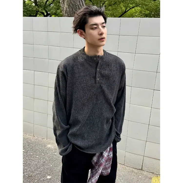 美式复古亨利领内搭长袖t恤男春秋cleanfit潮牌高级感慵懒打底衫
