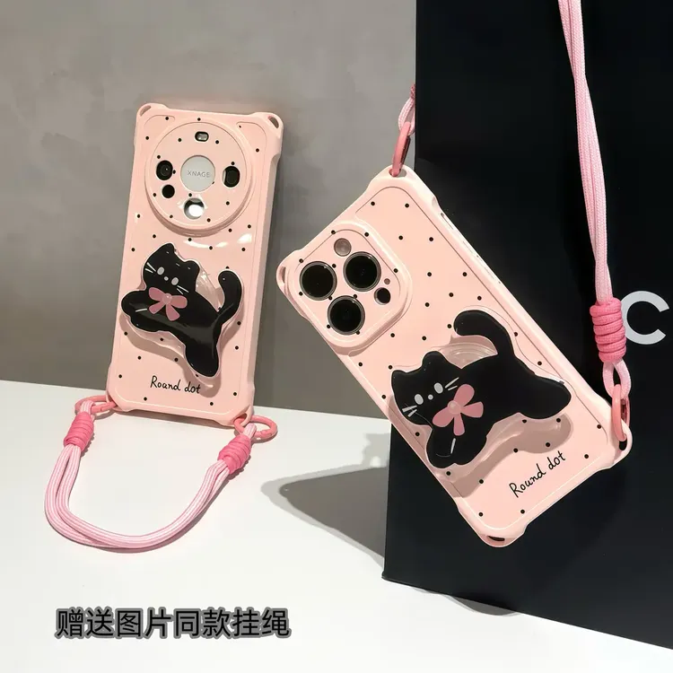 适用苹果16波点黑猫支架双挂绳iPhone手机壳华为p70vivoppo小米15