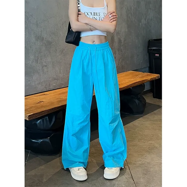 湖蓝色复古伞兵工装裤女夏季新款美式辣妹薄款休闲阔腿运动裤