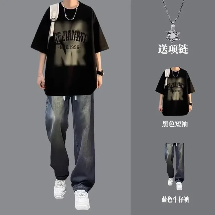 夏季短袖t恤套装潮流男装一套休闲学生搭配高街牛仔裤帅气两件套