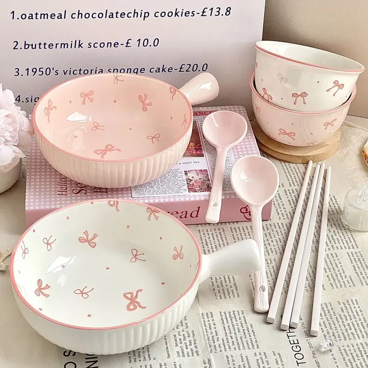 蝴蝶结可爱一人食餐具家用特别好看的碗二人食碗碟套装盘子饭碗