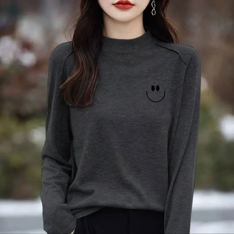 2025新款女装长袖恤上衣舒适柔软宽松显瘦小立领正肩厚款保暖秋冬
