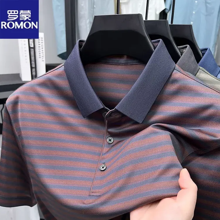 罗蒙时尚撞色条纹短袖T恤男夏季新款半袖POLO衫中年薄款潮流上衣