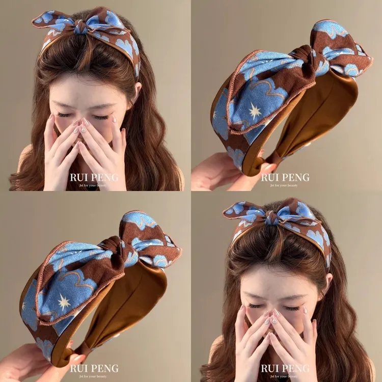 暮光之森~撞色兔耳蝴蝶结发箍女2025新款洋气高颅顶头箍时尚盘发