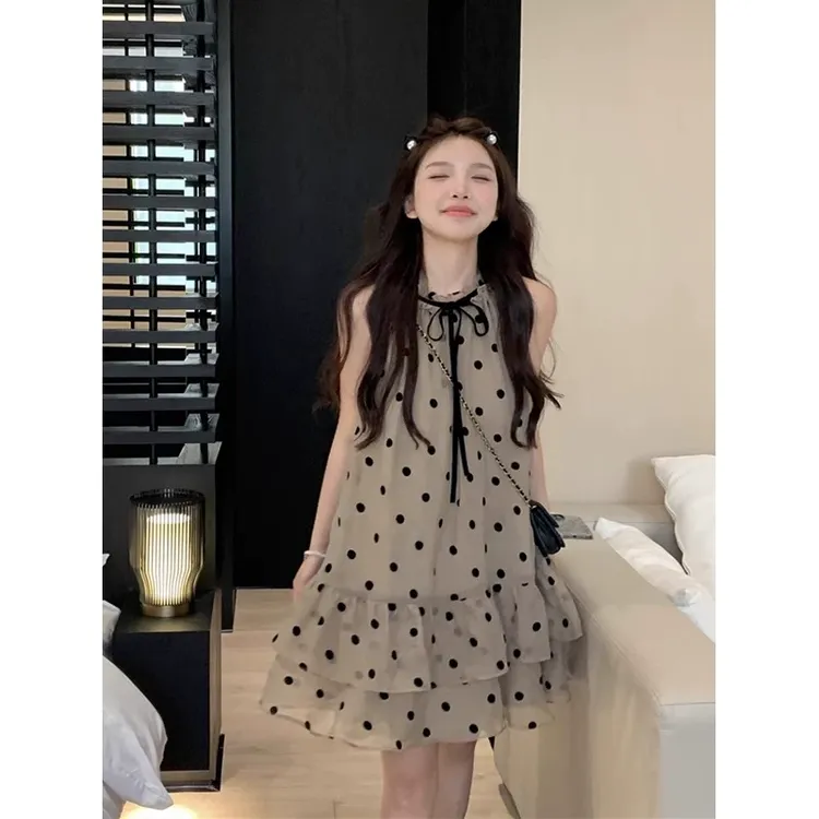 法式波点无袖背心连衣裙女夏季新款气质蝴蝶结宽松显瘦A字短裙子