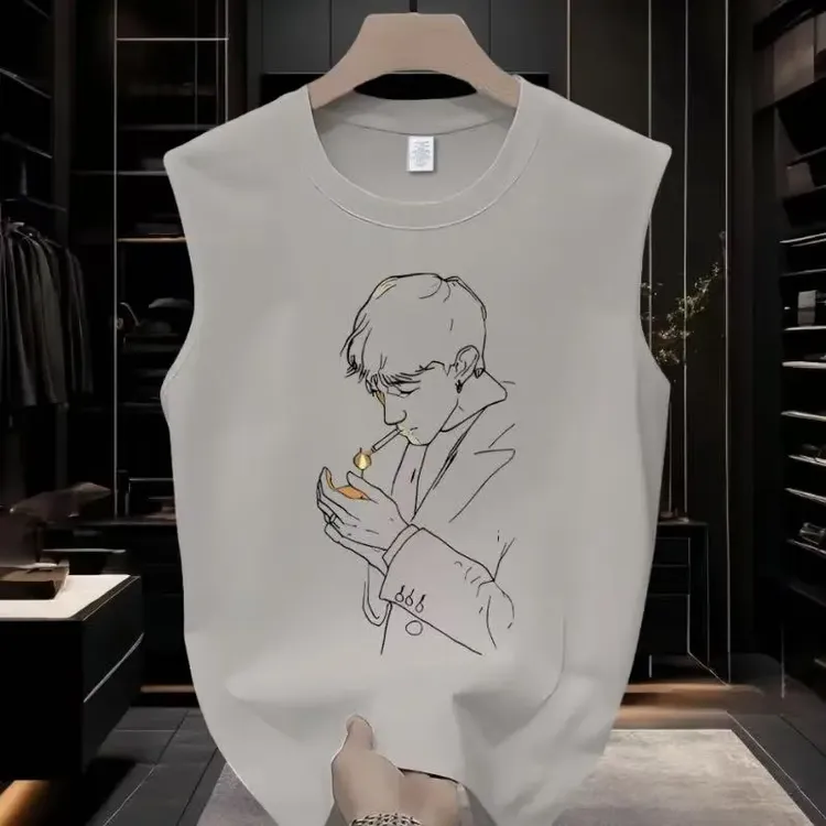 线条男人夏季潮牌圆领无袖背心男款美式炸街坎肩创意印花纯棉男士