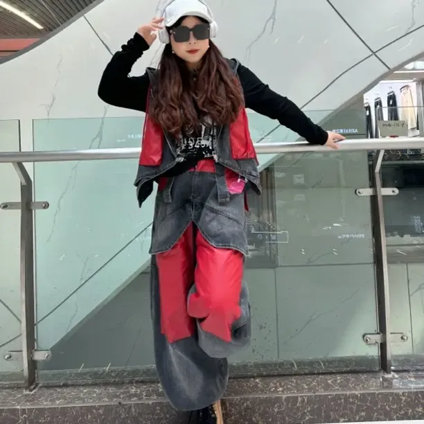 时尚拼接风格无袖马甲宽松长裤两件套装女款牛仔休闲潮流