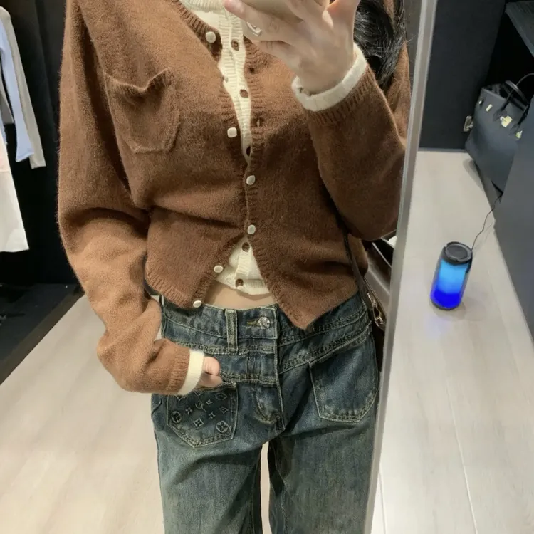 撞色拼接假两件针织开衫女秋冬圆领设计感百搭长袖上衣外套