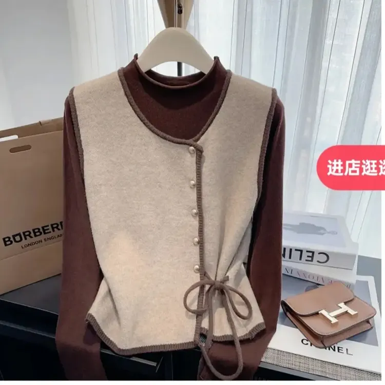 毛针织衫套头款烫钻常规长袖保暖秋冬上衣假两件时尚针织衫