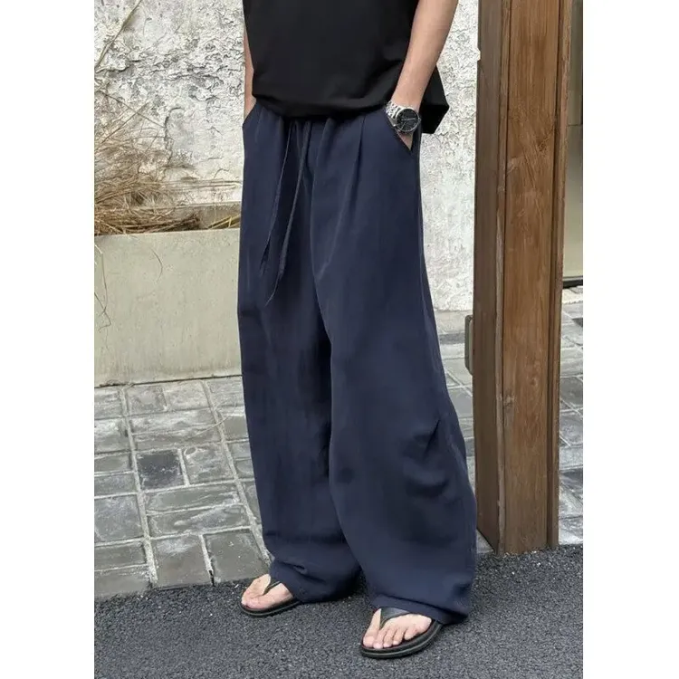 藏青色亚麻裤子女款夏薄款速干山本裤小个子穿搭直筒阔腿休闲长裤