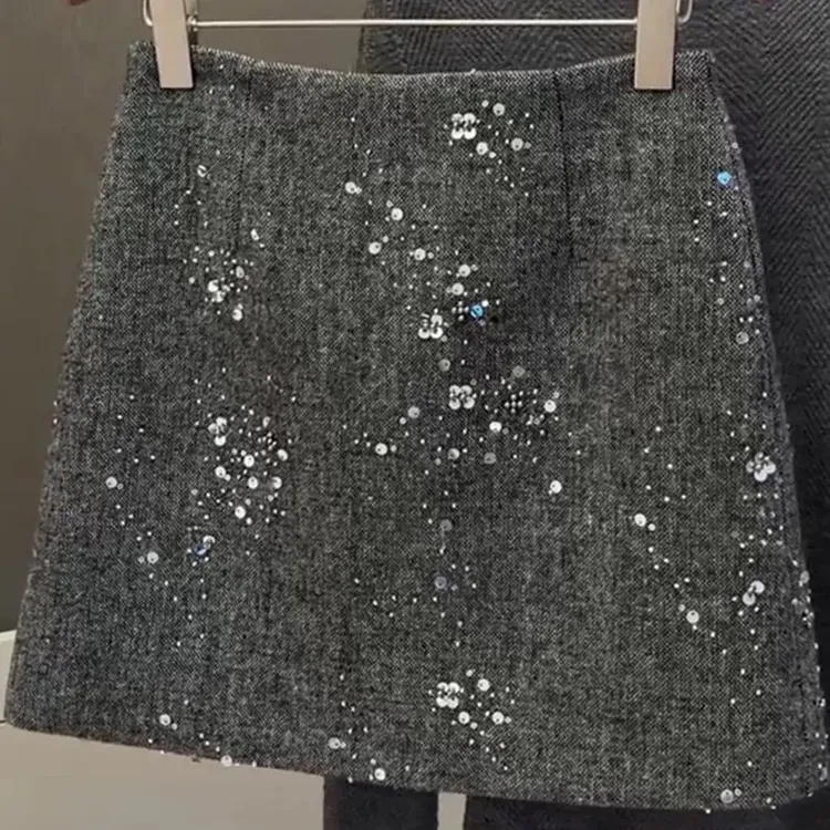 毛呢亮片短裙女2025秋冬新款高腰显瘦百搭A字短裙