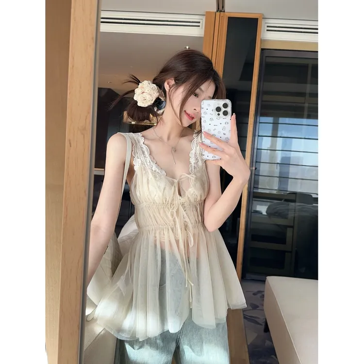 法式2025吊带背心女内搭纯欲风性感百搭上衣+蕾丝内搭中长裙套装