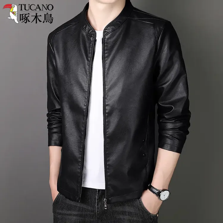 啄木鳥男士春秋季海宁皮衣韩版帅气时尚加绒加厚修身上衣外套
