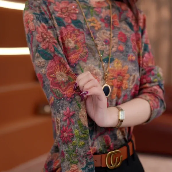 花溢流光/秋冬洋气时尚百搭气质显瘦宽松减龄长袖打底衫上衣1822