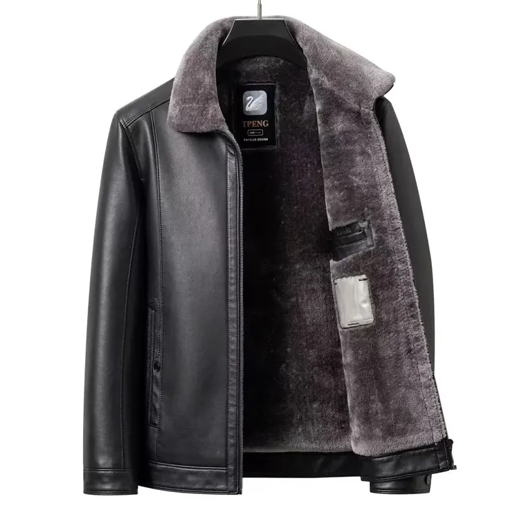 【冬日新品】新款男士秋冬翻领加绒加厚保暖高档商务休闲夹克皮衣