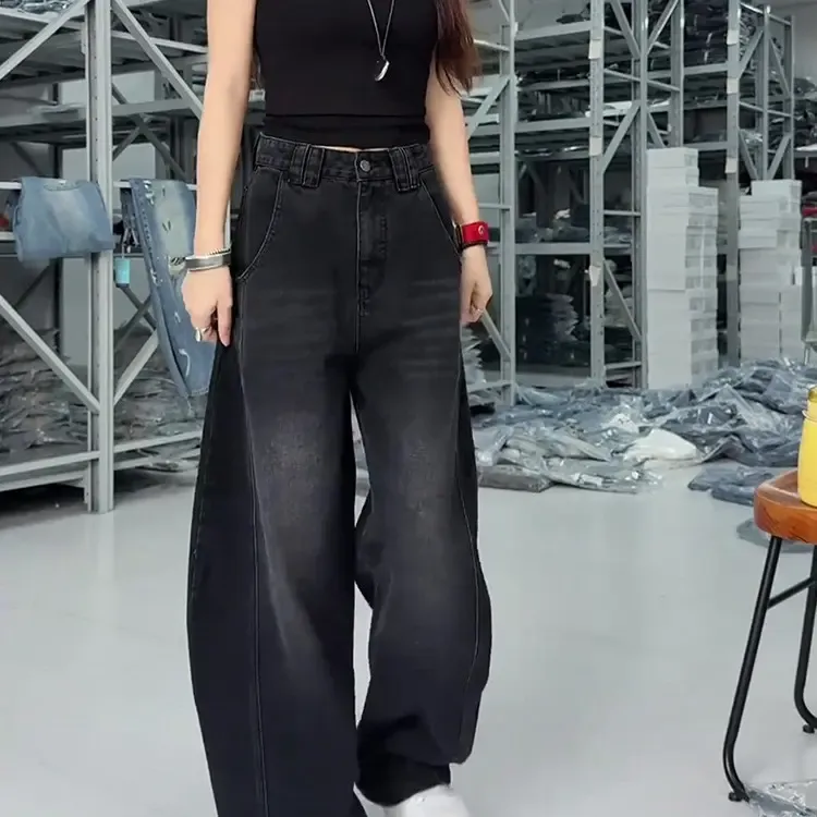 新款大码加绒黑色弯刀牛仔裤子女胖mm显瘦梨型身材穿搭高腰阔腿裤