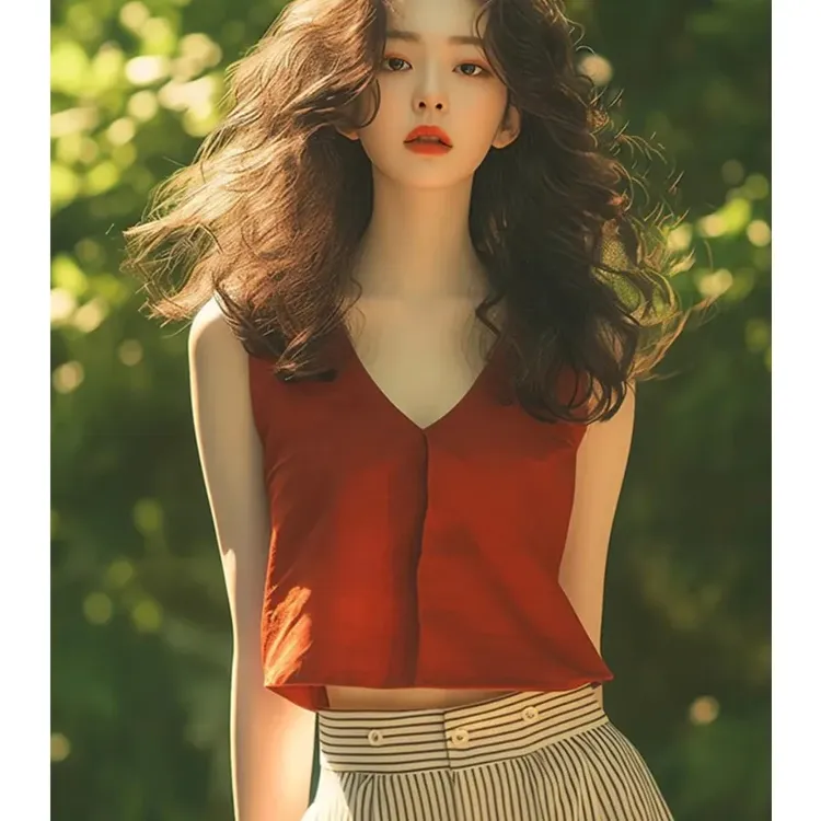 复古港风v领背心衬衫女设计感小众夏季独特别致无袖短款绝美上衣