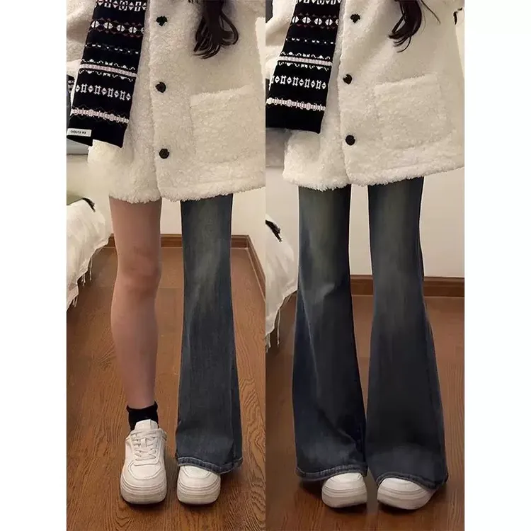 雪千羽梨形身材复古微喇牛仔裤女春秋新款胖mm高腰显瘦弹力喇叭裤