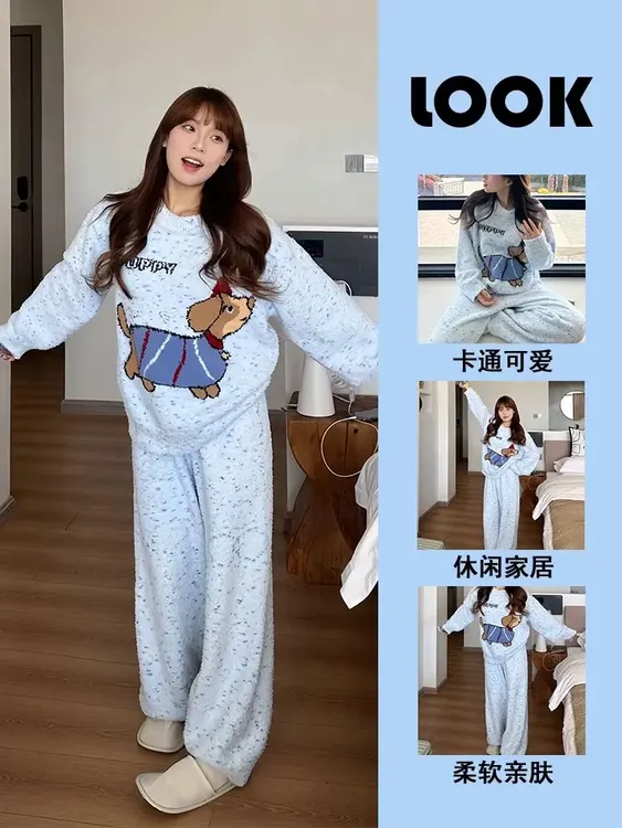 【芒芒专属】网红ins腊肠小狗半边绒睡衣女甜美卡通加厚珊瑚绒冬季