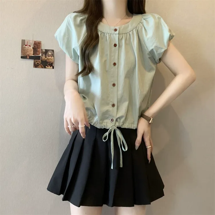 大码女装法式洋气短袖衬衫夏季设计感小众系带泡泡袖显瘦短款上衣