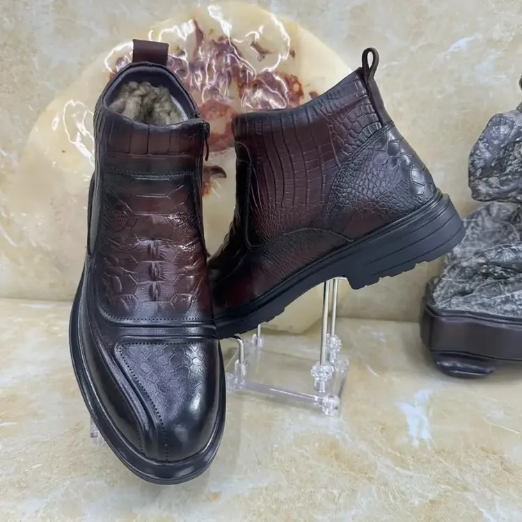 厚底4m头层牛皮一体真鞋垫男士棉鞋2025男14帮高冬棉鞋冬季加绒