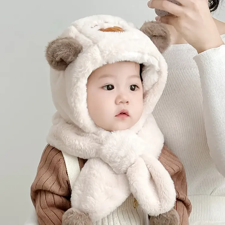 宝宝帽子秋冬男女童毛绒围脖儿童帽子围巾一体婴儿帽冬季护耳保暖