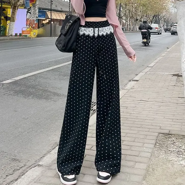 【现货+运费险】黑色波点蕾丝阔腿裤女春秋2025高腰显瘦垂感拖地裤